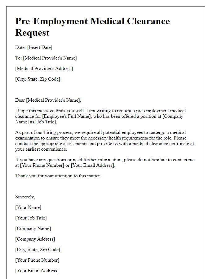 Letter template of pre-employment medical clearance request