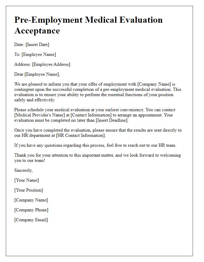 Letter template of pre-employment medical evaluation acceptance