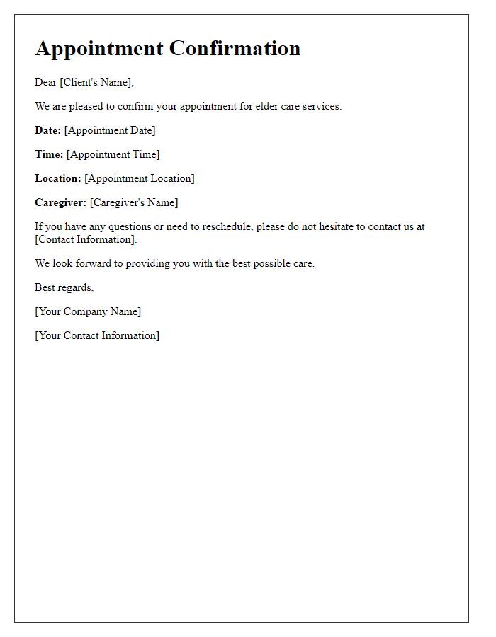 Letter template of appointment confirmation for elder care services