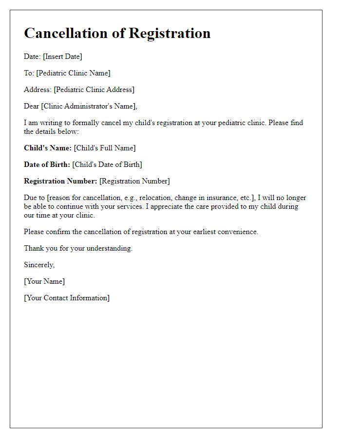 Letter template of pediatric clinic registration cancellation