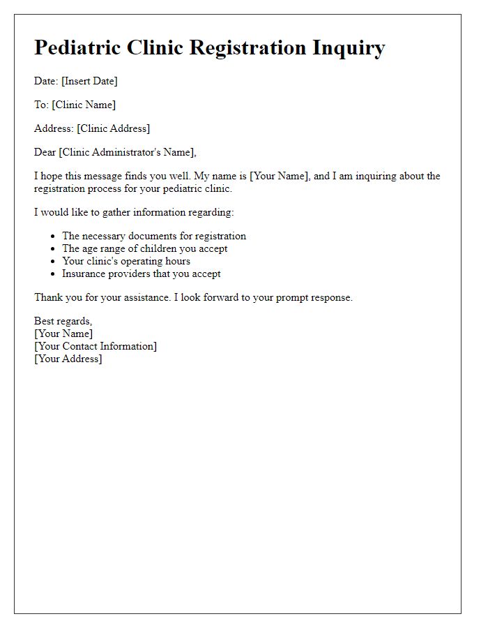 Letter template of pediatric clinic registration inquiry