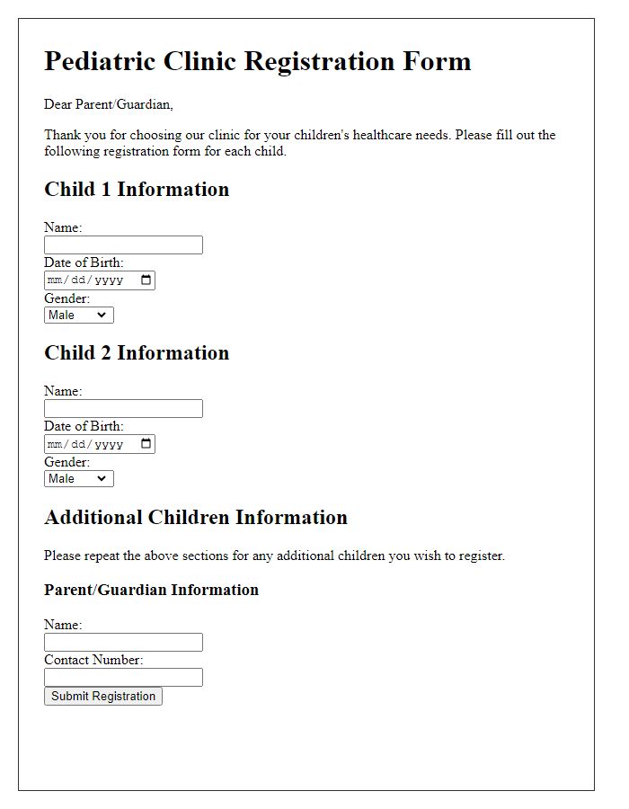 Letter template of pediatric clinic registration for multiple children