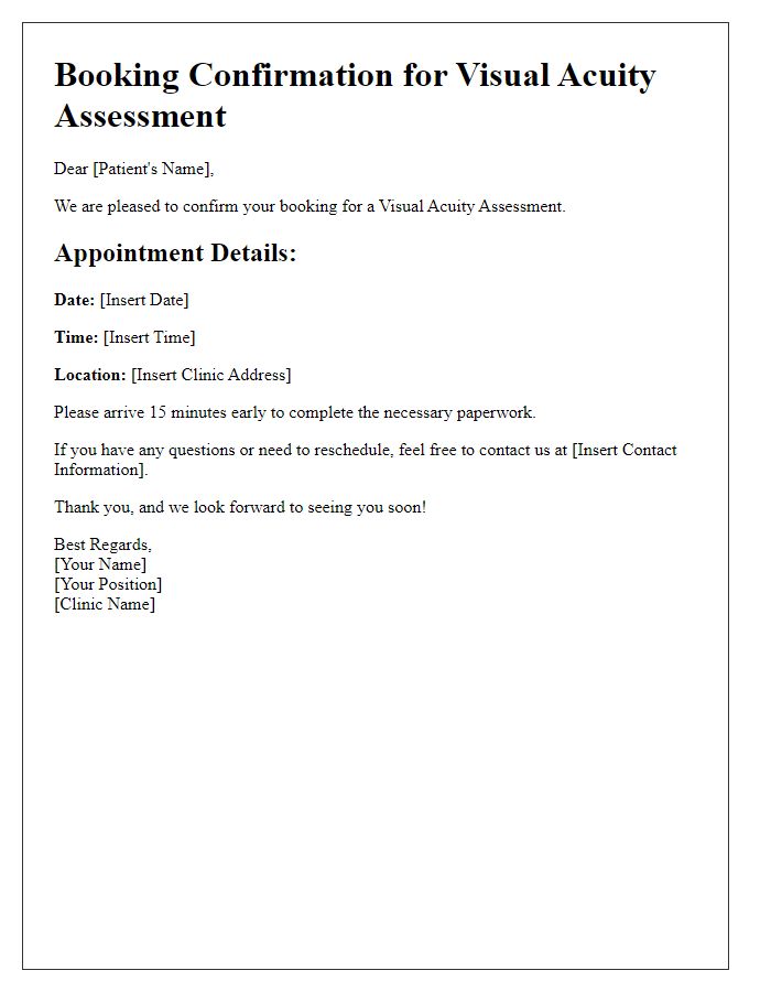 Letter template of booking a visual acuity assessment