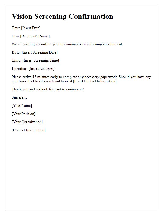 Letter template of confirming a vision screening date