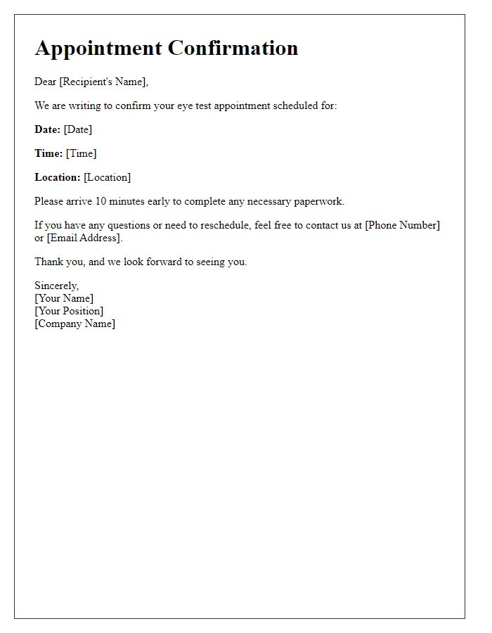 Letter template of notifying about an eye test appointment