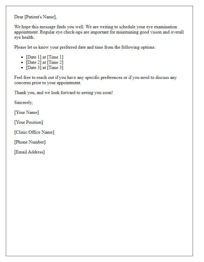 Letter template of scheduling an eye examination