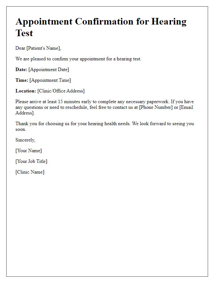 Letter template of appointment confirmation for hearing test