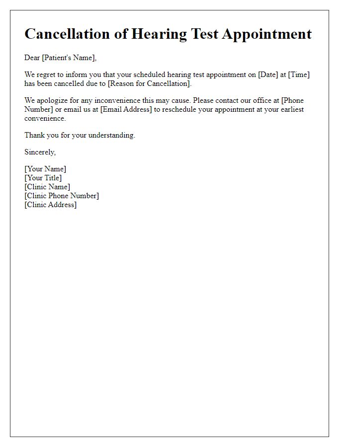 Letter template of hearing test cancellation notification