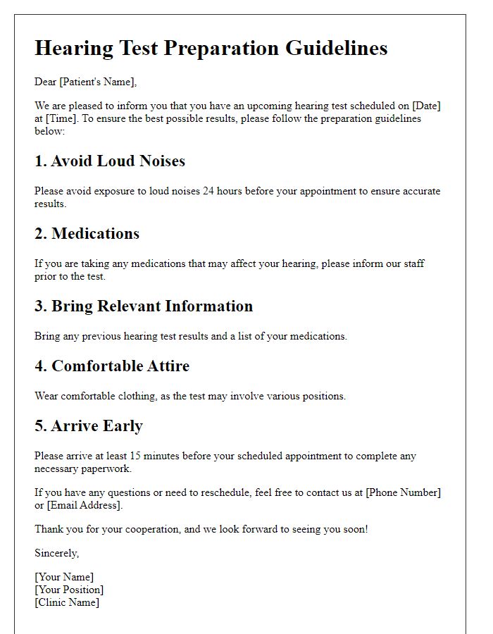 Letter template of hearing test preparation guidelines