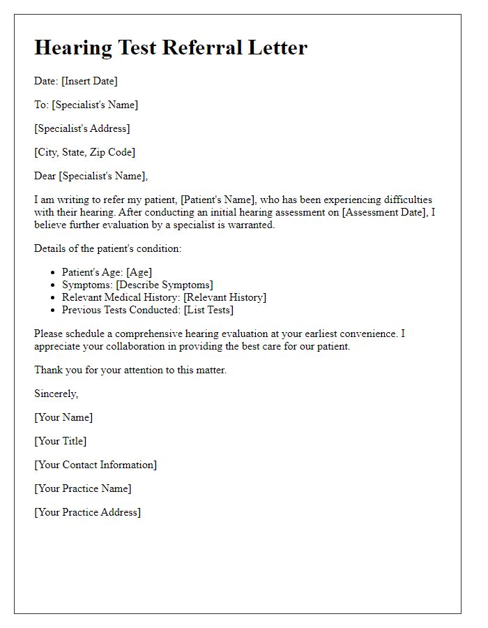 Letter template of hearing test referral to a specialist