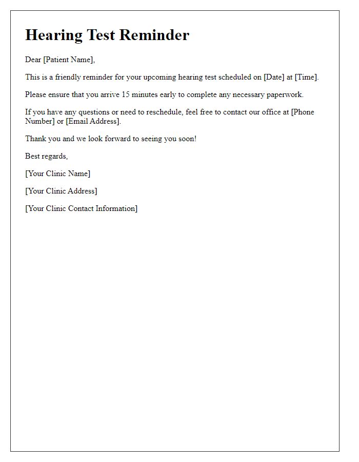 Letter template of hearing test reminder notification