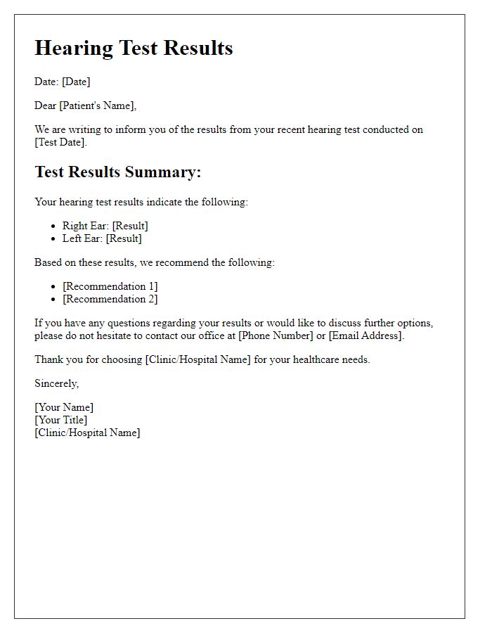 Letter template of hearing test results communication