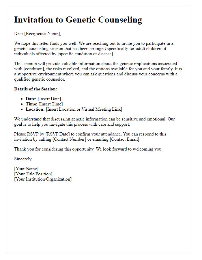 Letter template of genetic counseling invitation for adult children of affected individuals.