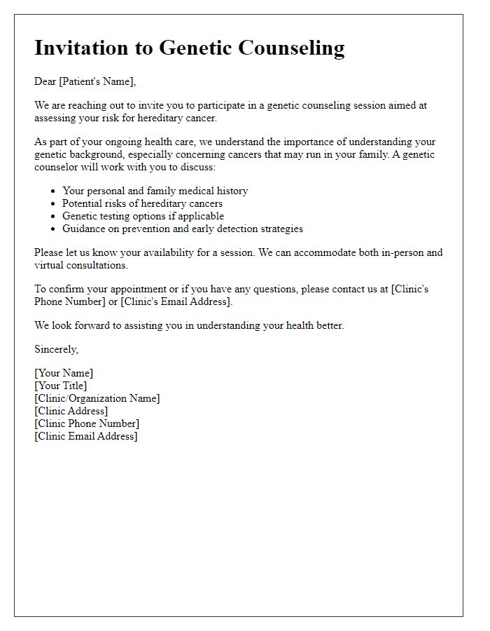 Letter template of genetic counseling invitation for cancer risk assessment.