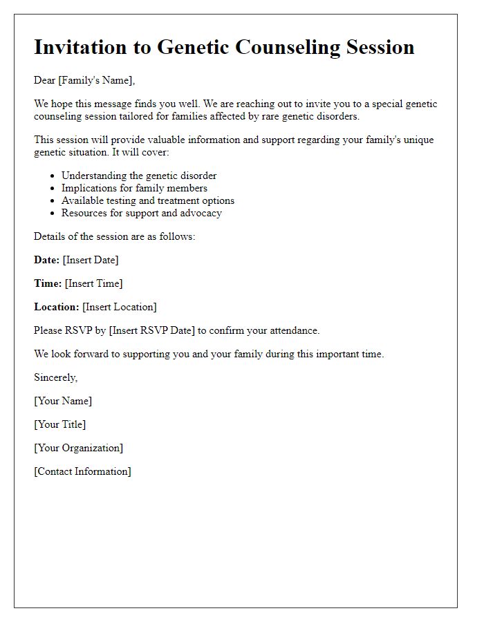 Letter template of genetic counseling invitation for families with rare genetic disorders.