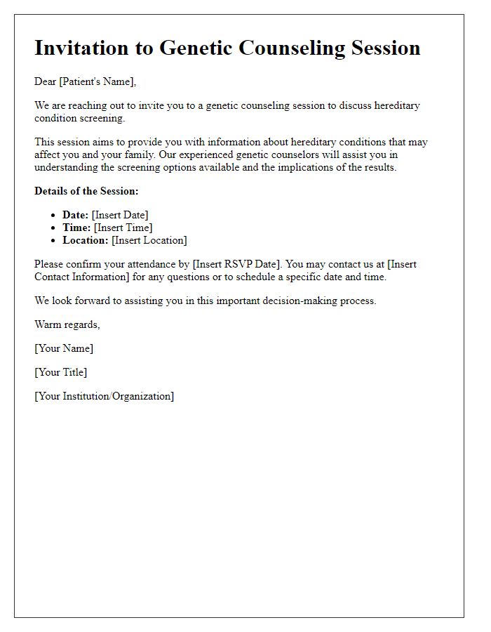 Letter template of genetic counseling invitation for hereditary condition screening.