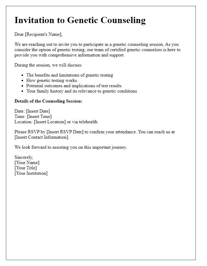 Letter template of genetic counseling invitation for individuals considering genetic testing.