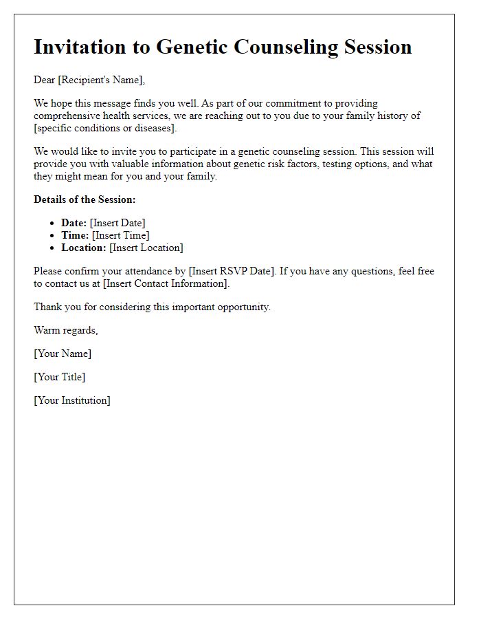 Letter template of genetic counseling invitation for individuals with family history.