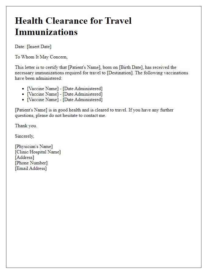 Letter template of health clearance for travel immunizations.