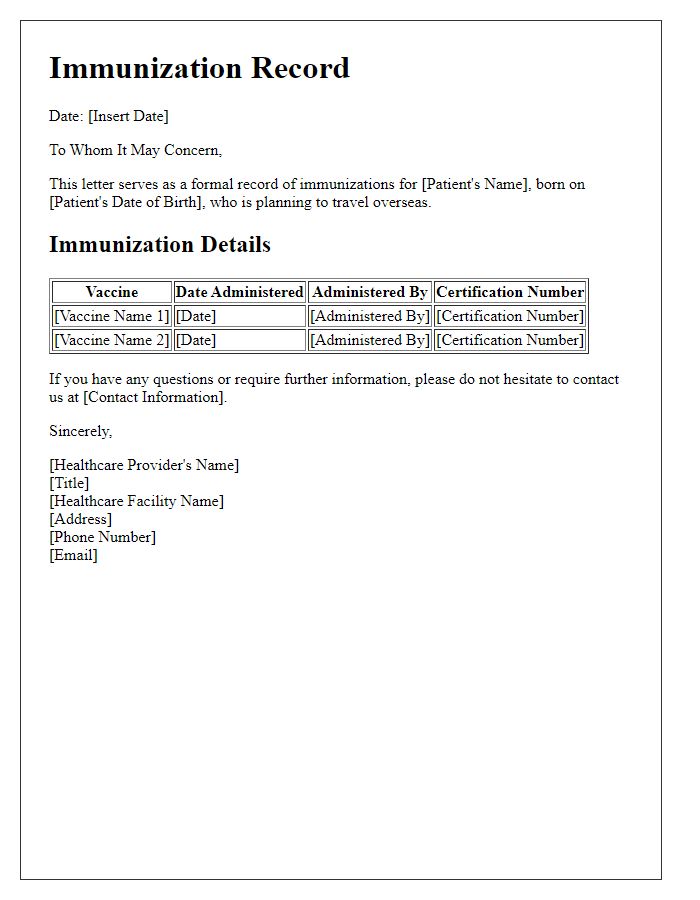 Letter template of immunization record for overseas journeys.