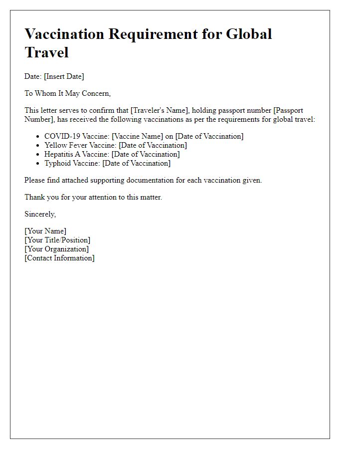 Letter template of required vaccinations for global travel.