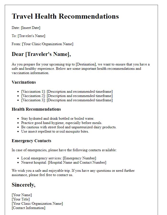 Letter template of travel health recommendations and vaccinations.