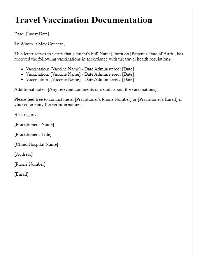 Letter template of travel vaccination documentation.