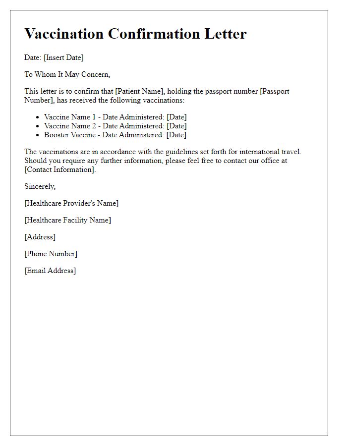 Letter template of vaccination confirmation for international travel.