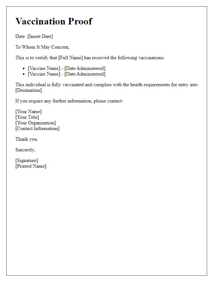 Letter template of vaccination proof for destination entry.