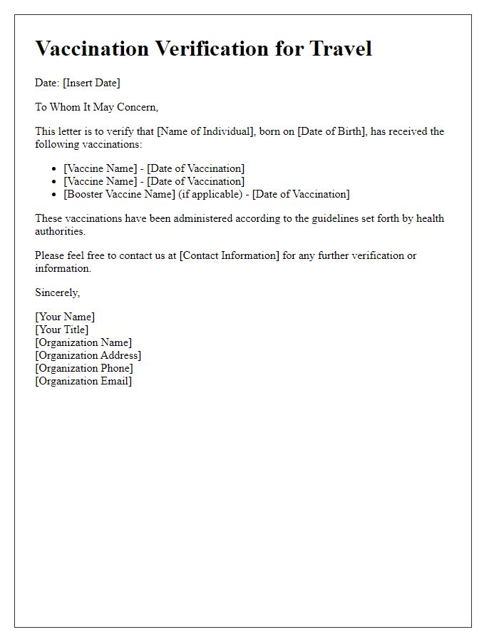 Letter template of vaccination verification for travel purposes.