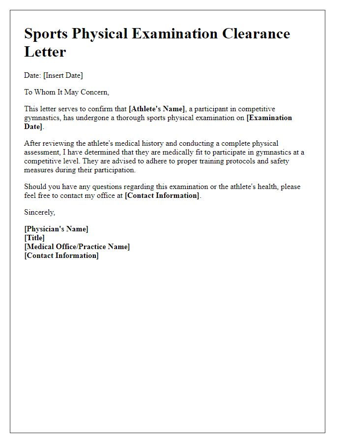 Letter template of sports physical examination for competitive gymnastics.