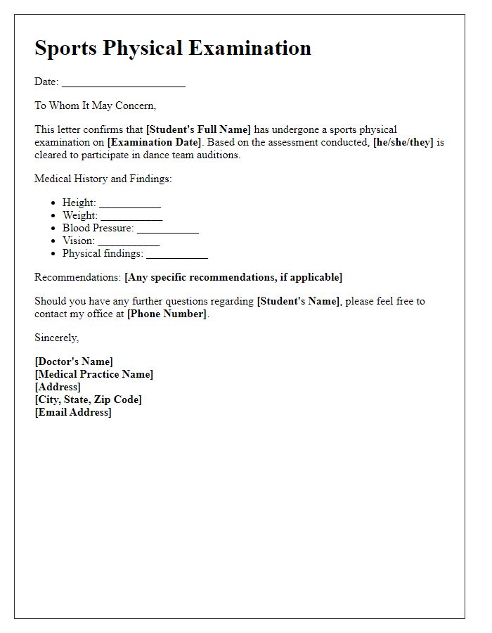 Letter template of sports physical examination for dance team auditions.