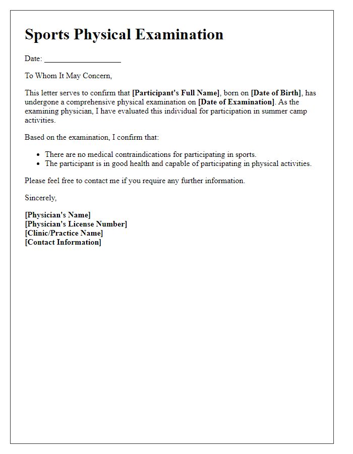 Letter template of sports physical examination for summer camp activities.