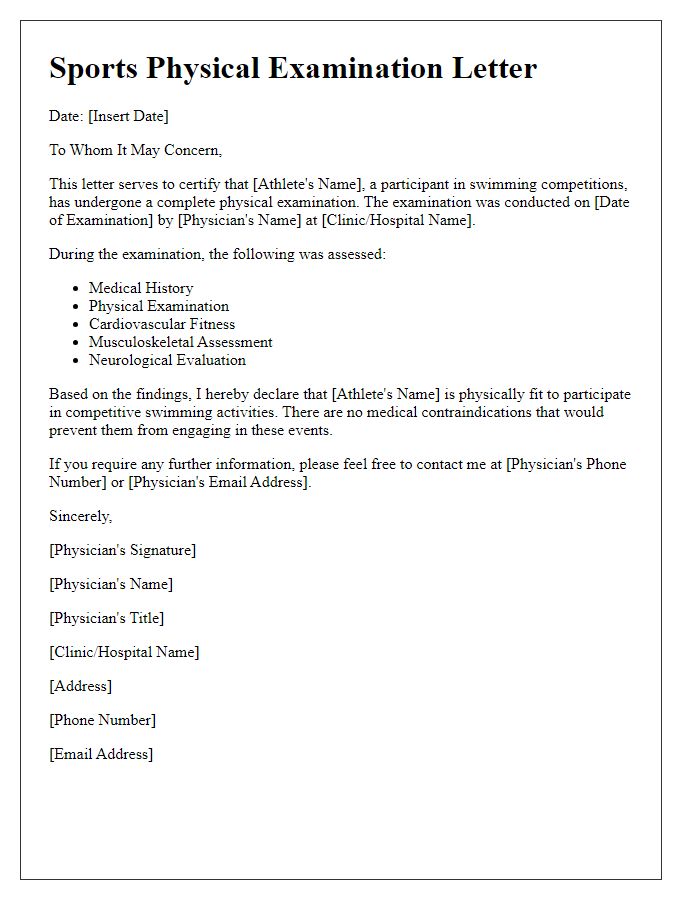 Letter template of sports physical examination for swimming competitions.