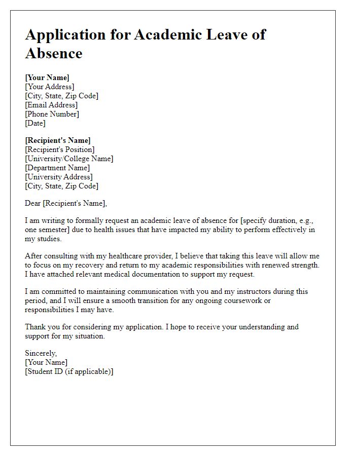 Letter template of application for academic leave of absence due to health issues