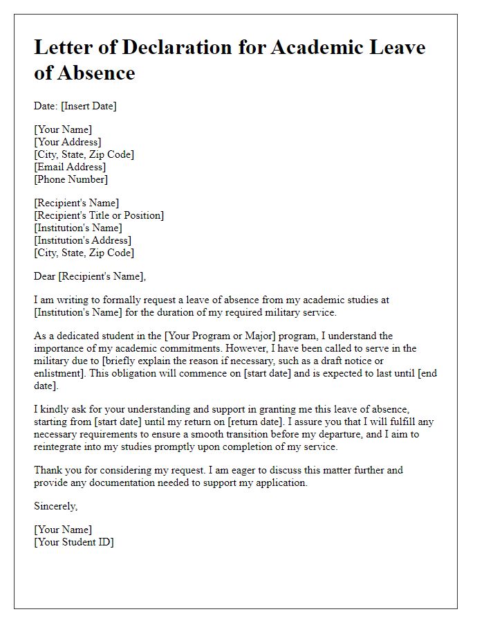 Letter template of declaration for academic leave of absence for military service