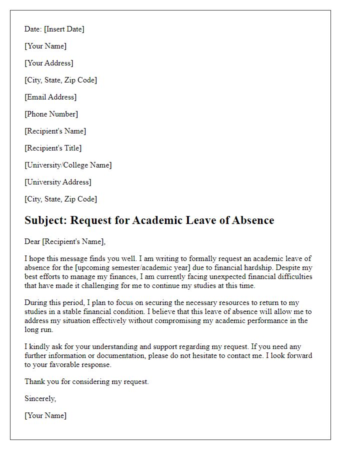 Letter template of explanation for academic leave of absence for financial hardship