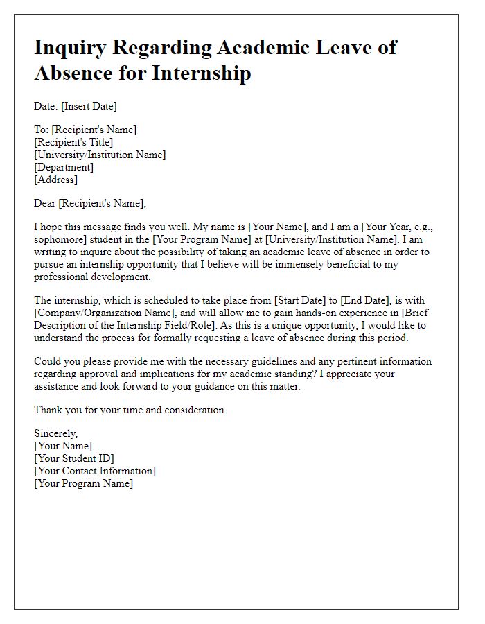 Letter template of inquiry regarding academic leave of absence for internship