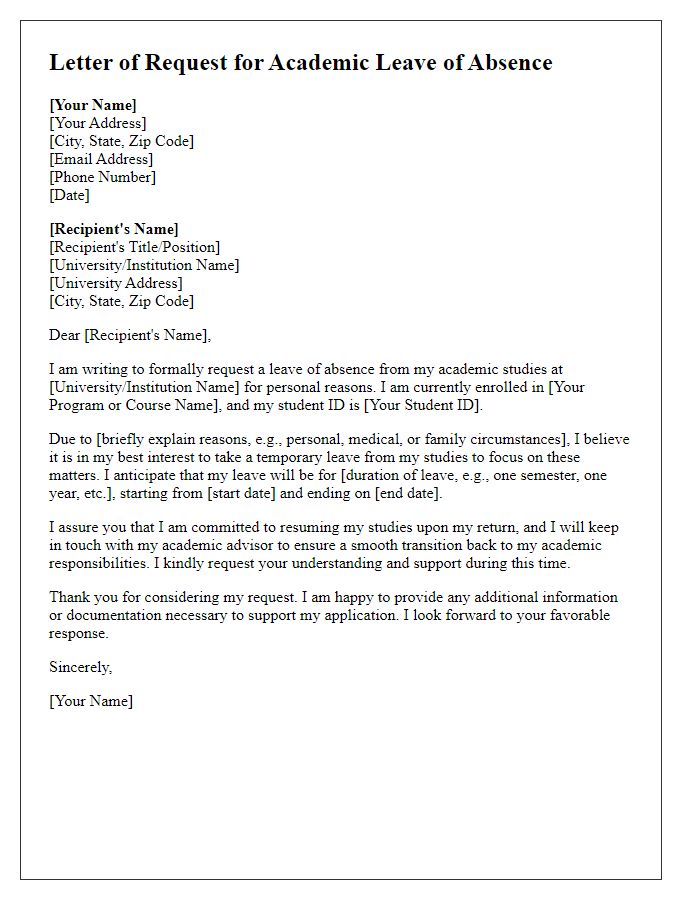 Letter template of request for academic leave of absence for personal reasons