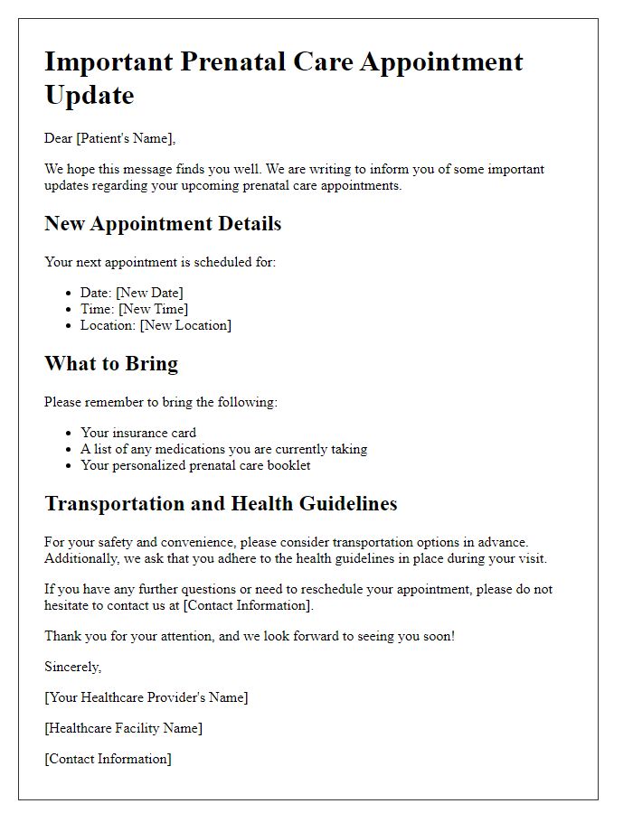 Letter template of prenatal care appointment information update