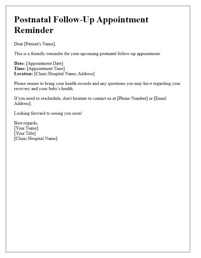Letter template of postnatal follow-up appointment reminder