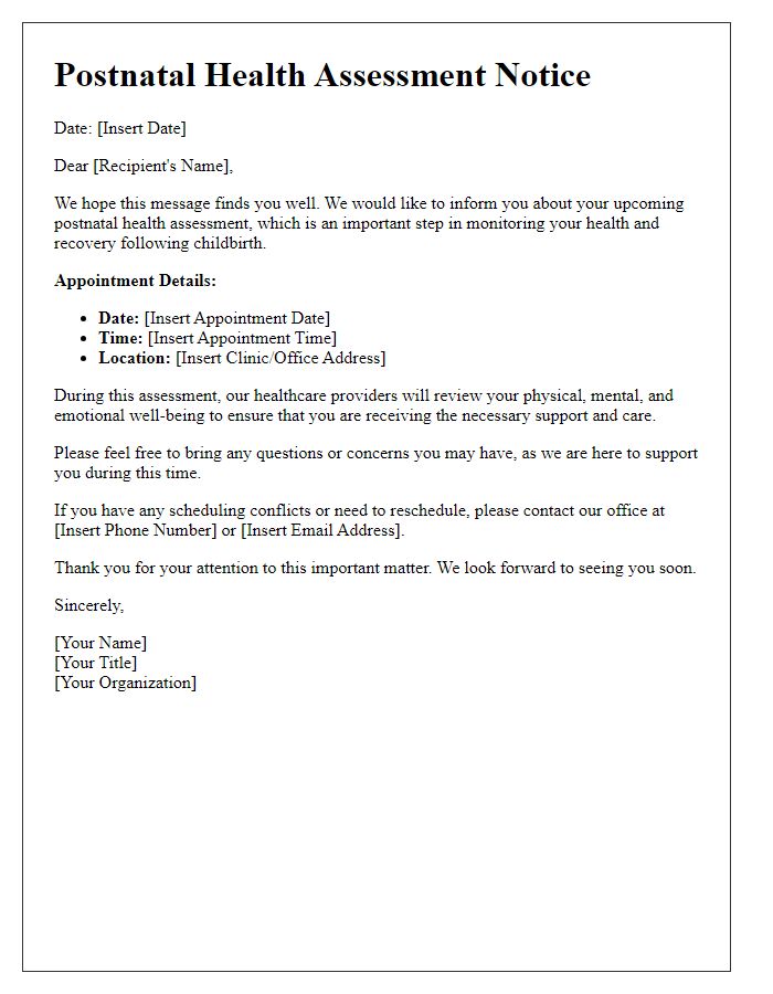 Letter template of postnatal health assessment notice