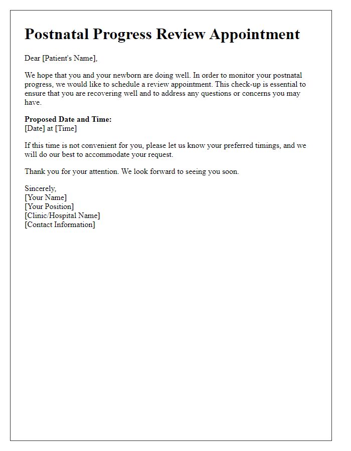 Letter template of postnatal progress review arrangement