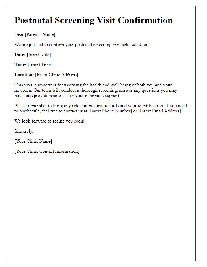 Letter template of postnatal screening visit confirmation