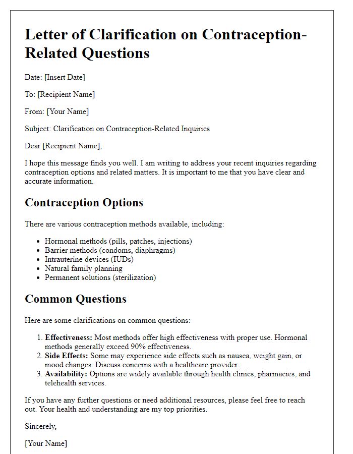 Letter template of clarifying contraception-related questions