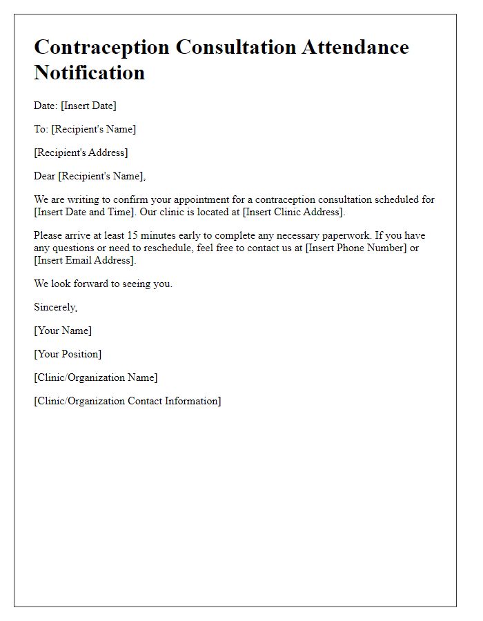 Letter template of notifying attendance for contraception consultation