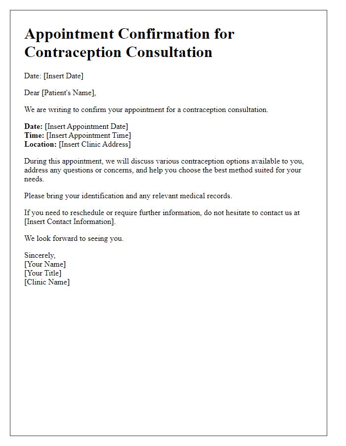 Letter template of scheduling a contraception appointment