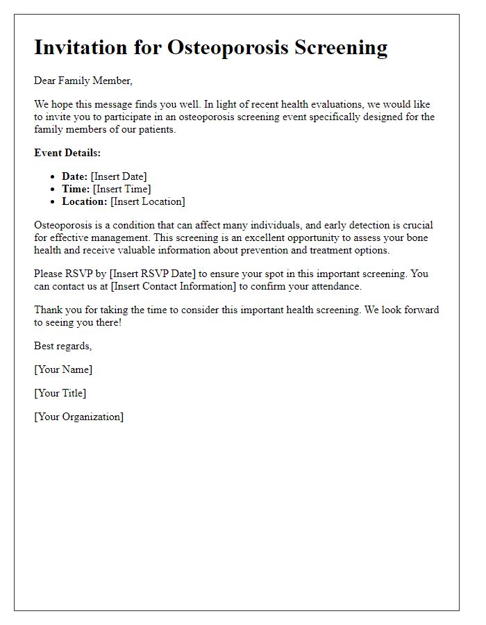 Letter template of osteoporosis screening invitation for family members of patients