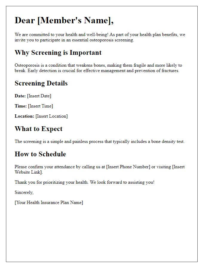 Letter template of osteoporosis screening invitation for health insurance plans