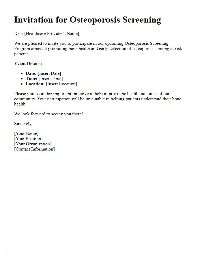 Letter template of osteoporosis screening invitation for healthcare providers